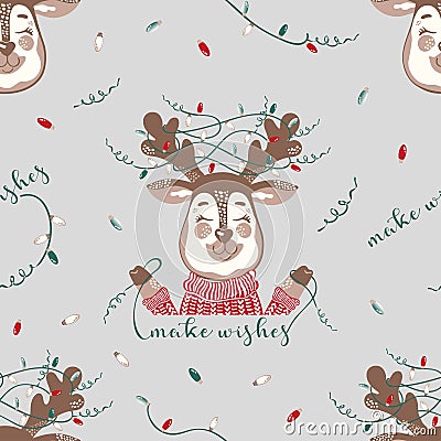 Vector seamless new year christmas pattern. Cute deer in a sweater and the inscription make wishes. Vector Illustration